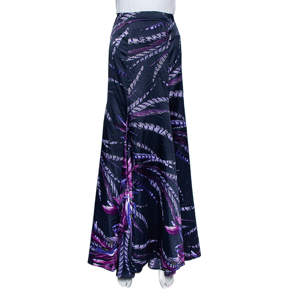 Pre Owned Just Cavalli Purple Printed Satin Flared Maxi Skirt M