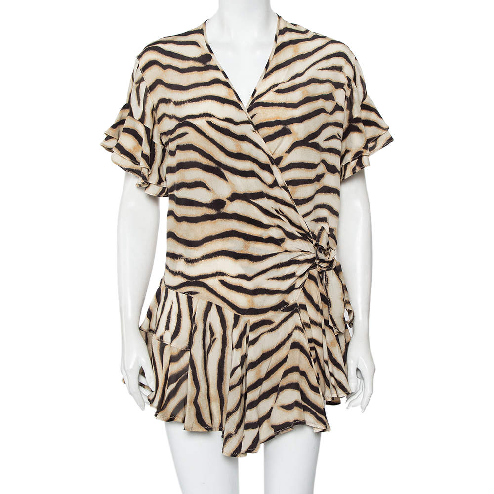 Pre Owned Just Cavalli Beige Animal Printed Silk Ruffled Mini Wrap Dress S