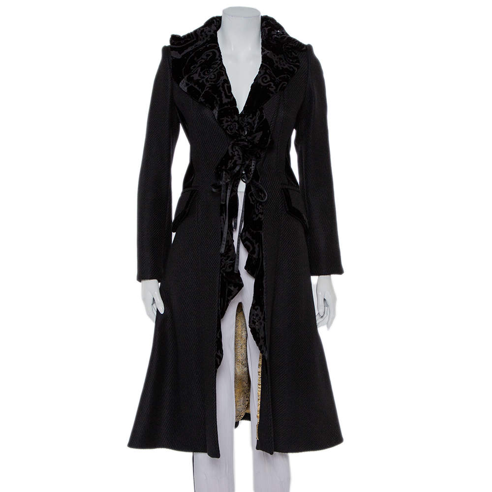 Pre Owned Just Cavalli Black Wool Velvet Ruffle Detail Coat S