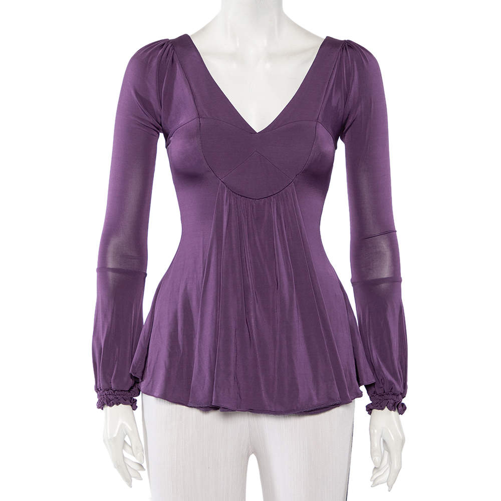 Pre Owned Just Cavalli Purple Jersey Plunge Neck Draped Top S
