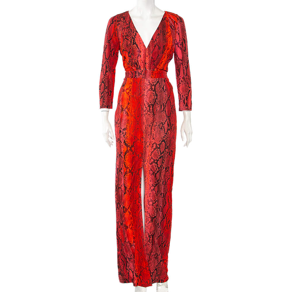 Pre Owned Just Cavalli Red Python Print Long Sleeve Cutout Back Detail Maxi Dress M
