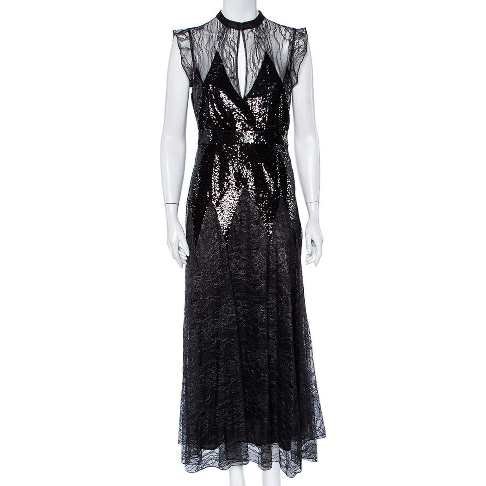 Pre Owned Just Cavalli Black Sequin Embellished Lace Flared Maxi Dress M