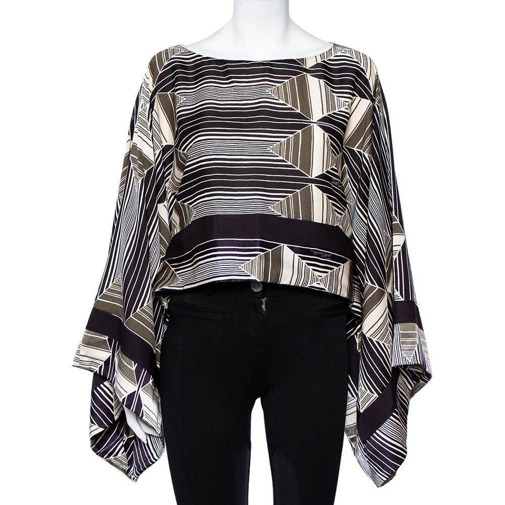 Pre Owned Just Cavalli Multicolor Geometric Printed Silk Stripe Detail Cropped Kaftan Top M