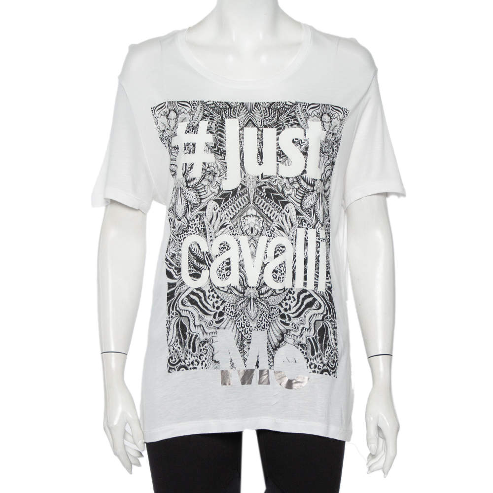 Pre Owned Just Cavalli White Logo Printed Cotton Roundneck T-Shirt L