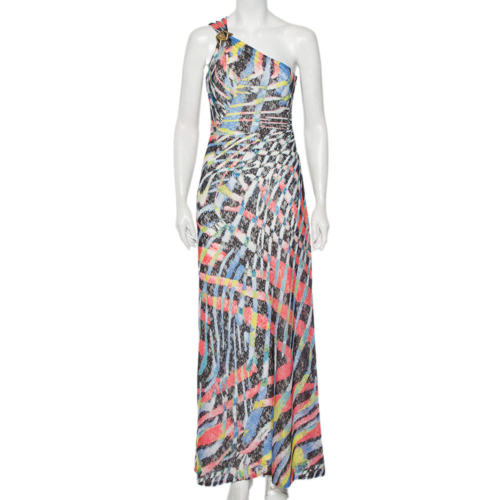 Pre Owned Just Cavalli Multicolor Printed Tulle One Shoulder Maxi Dress M