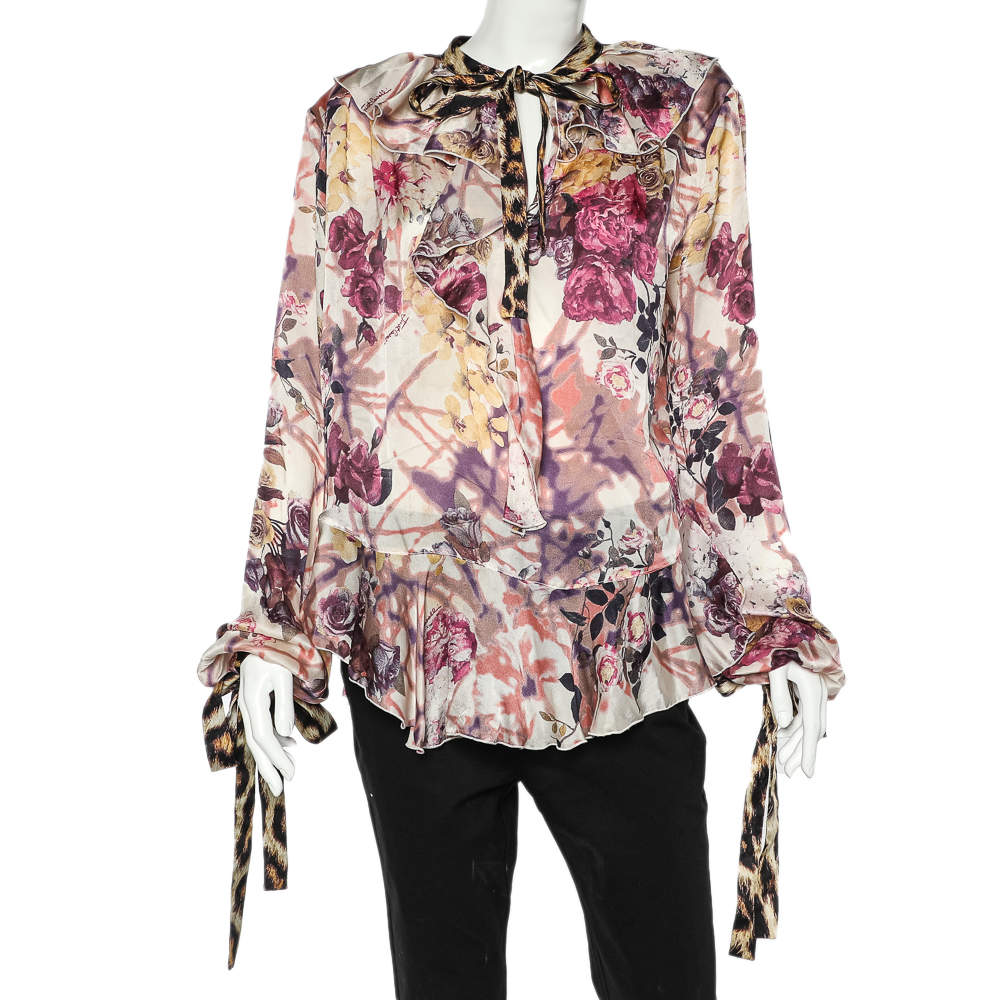 Pre Owned Just Cavalli Multicolor Floral Printed Silk Contrast Tie Detail Ruffled Top XL