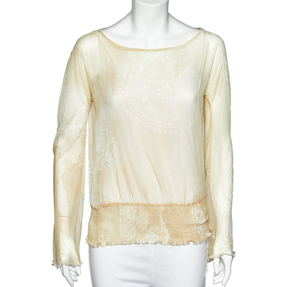 Pre Owned Just Cavalli Pale Yellow Printed Crepe Elasticized Hem Blouse M