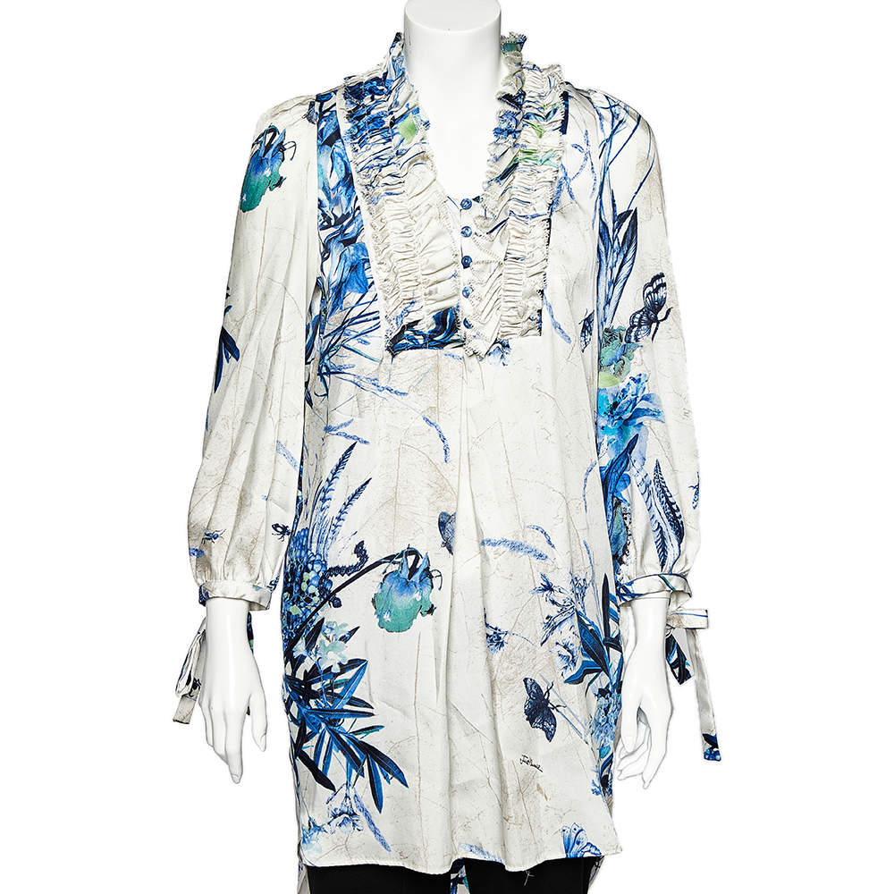 Pre Owned تونك جست كافالي مزين بنقشة الزهور أبيض برقبة مكشكشة مقاس متوسط - ميديوم