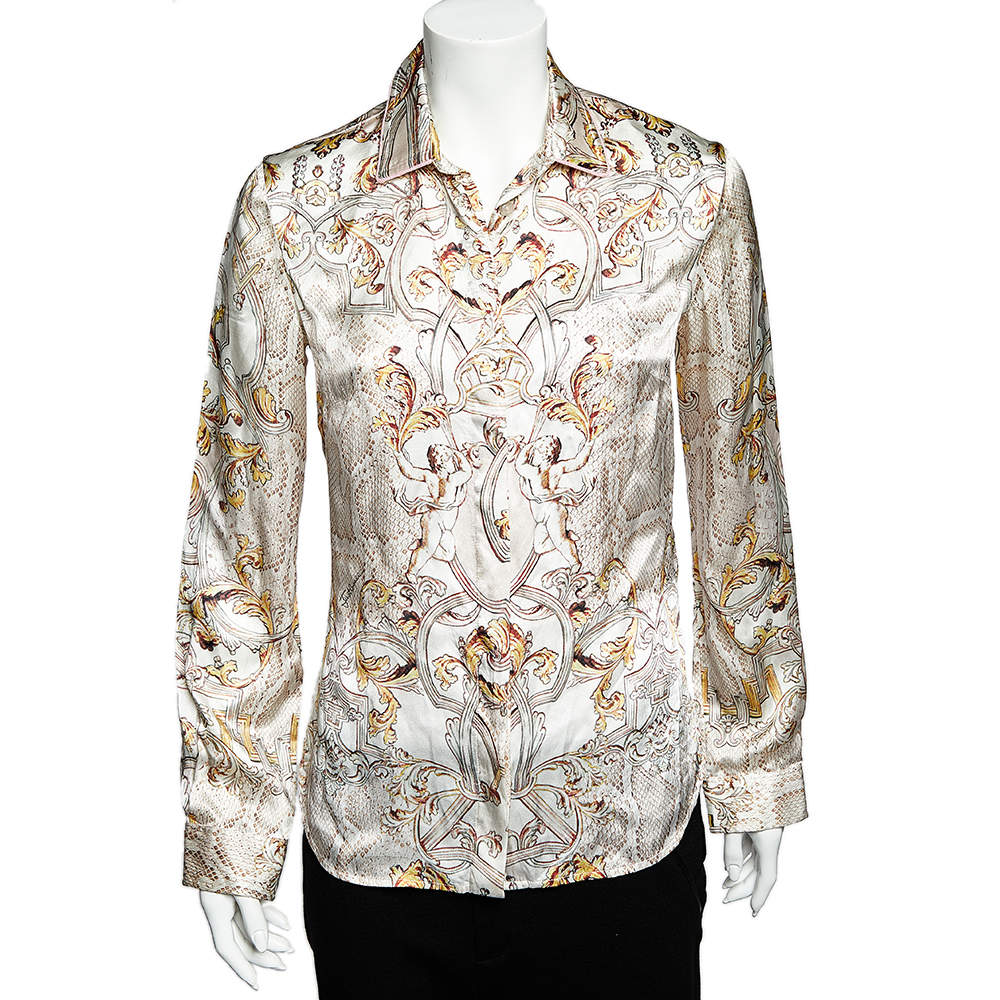 Pre Owned Just Cavalli White Printed Silk Satin Button Front Shirt S