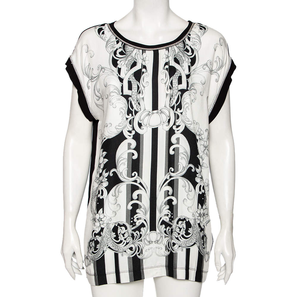 Pre Owned Just Cavalli Black Abstract Printed Knit Paneled Chain Detail T-Shirt L 