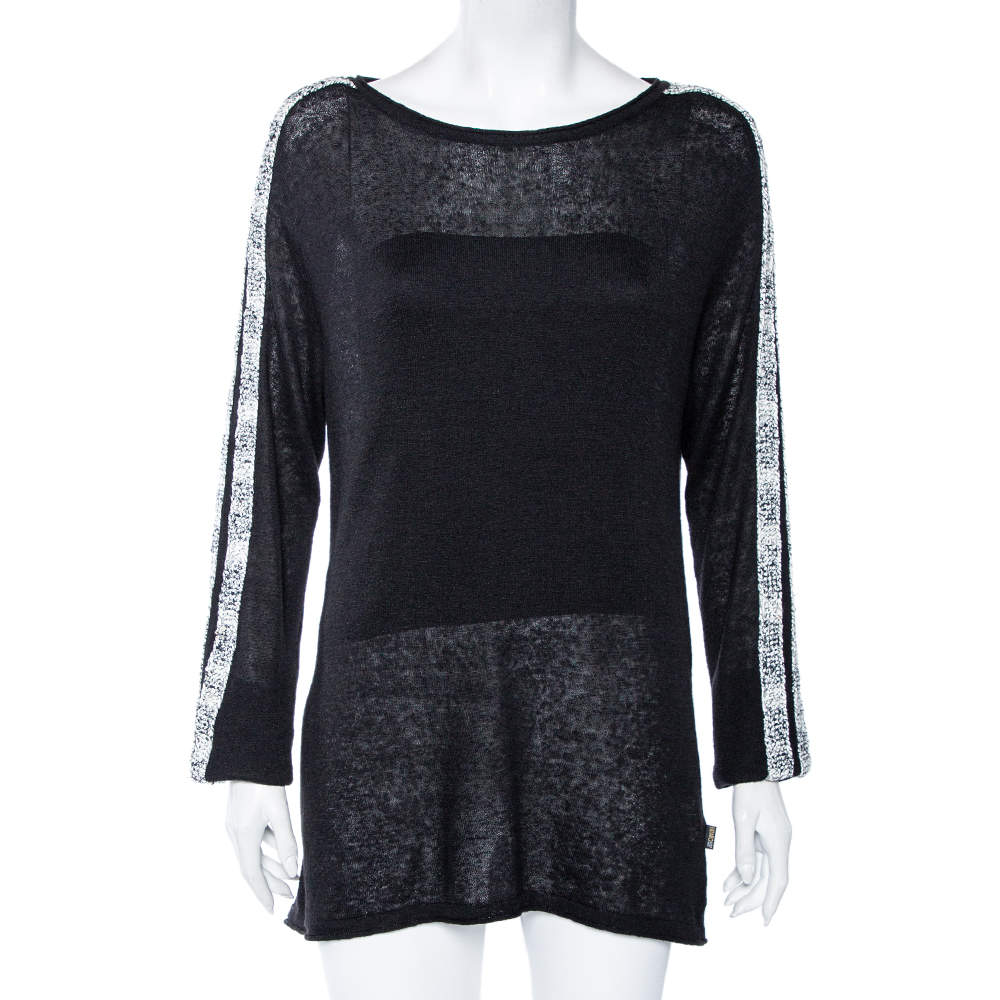Pre Owned Just Cavalli Black Linen Knit Contrast Trim Long Jumper XXL