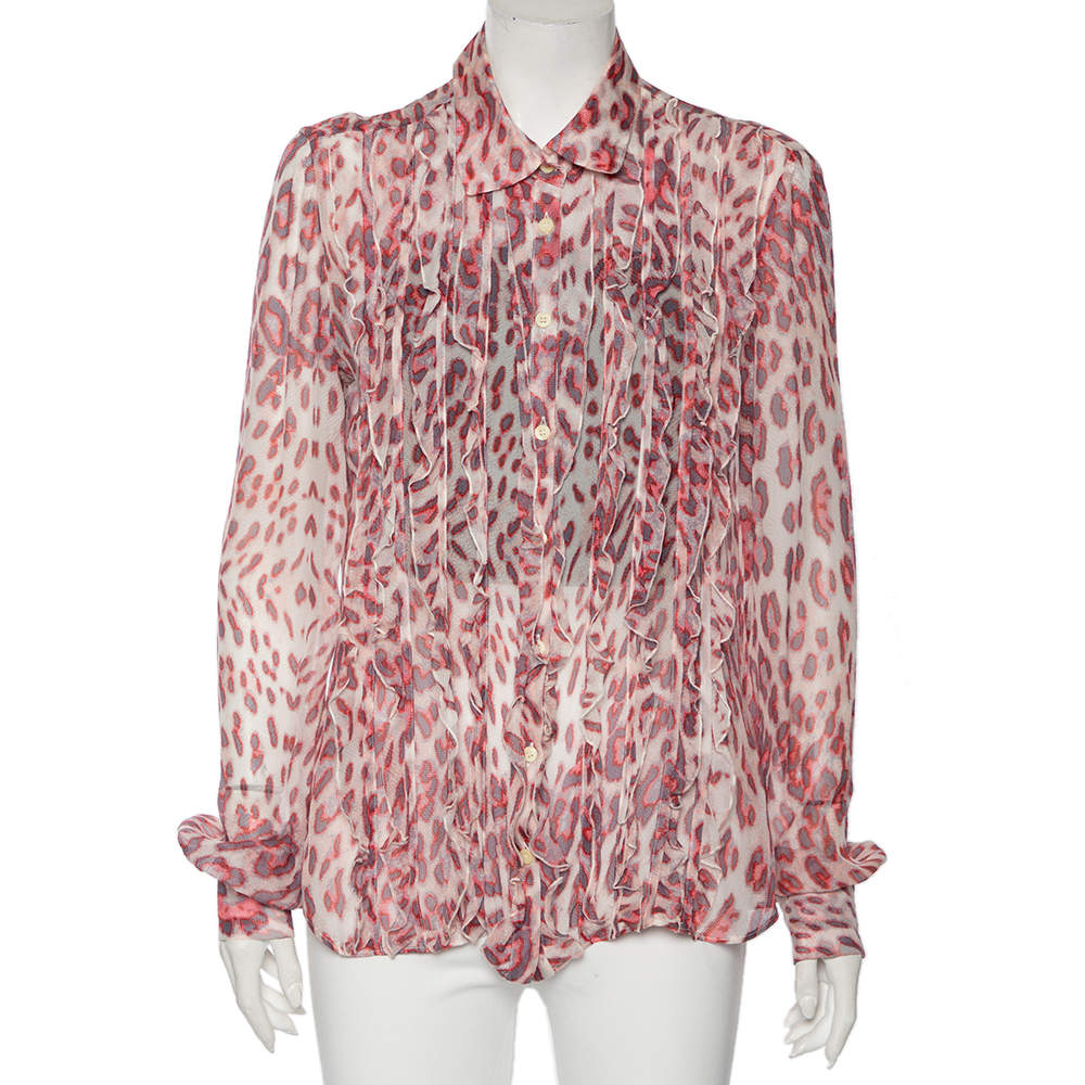 Pre Owned Just Cavalli Pink Printed Silk Ruffle Detail Button Front Sheer Shirt L