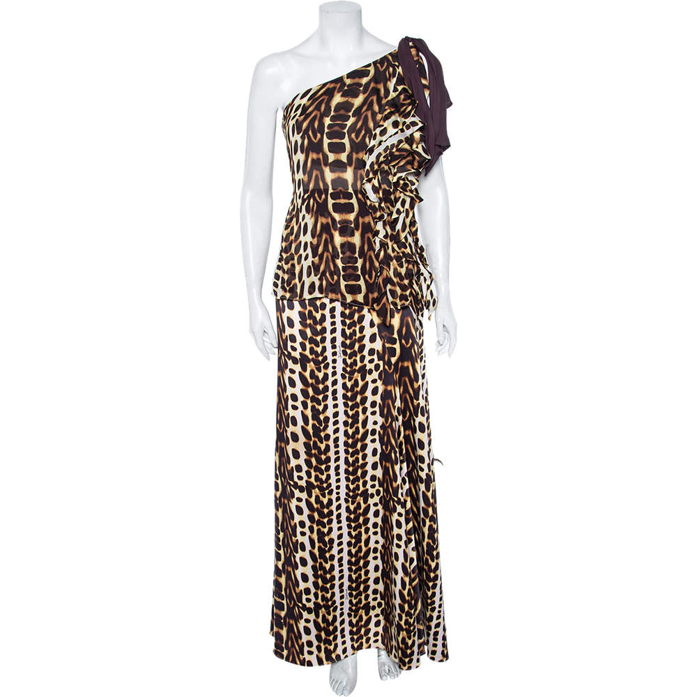 Pre Owned Just Cavalli Brown Animal Printed Satin & Georgette One Shoulder Top And Midi Skirt Set L