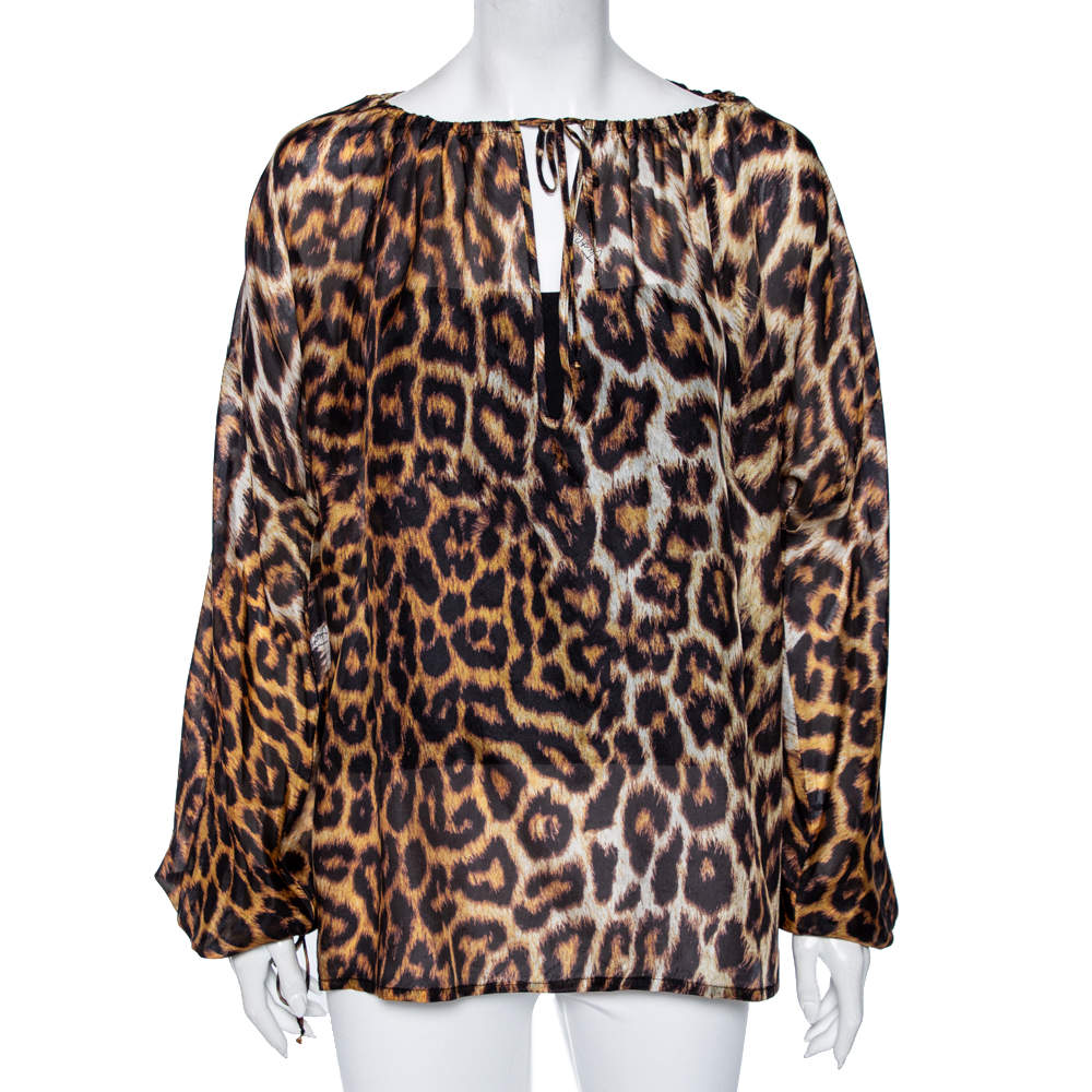 Pre Owned بلوزة جست كافالي حرير بني بنقشة الفهد بأكمام طويلة مقاس متوسط - ميديوم