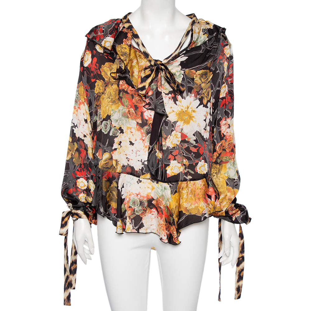 Pre Owned Just Cavalli Multicolored Printed Silk Pleated Detailed Blouse L 