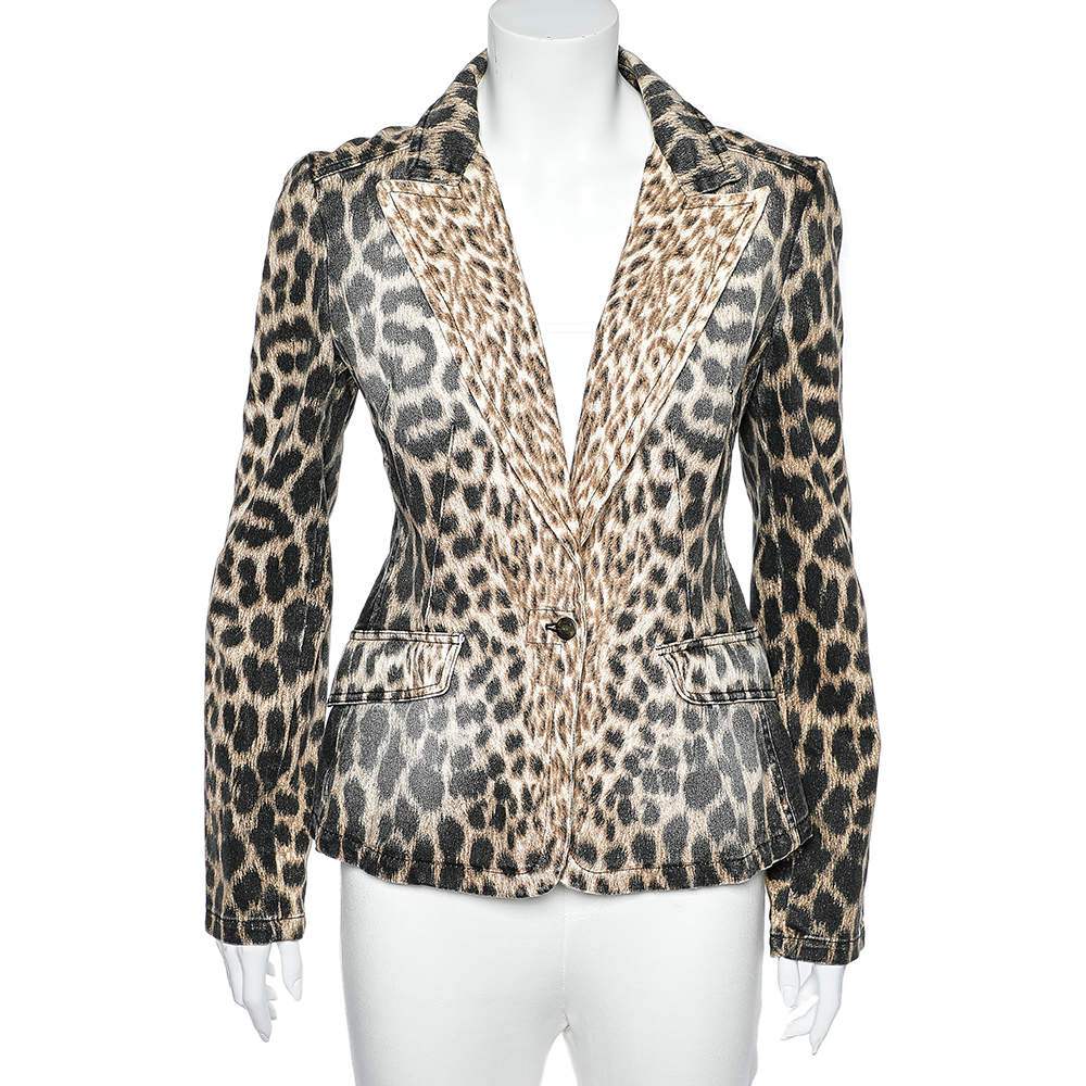 Just Cavalli Brown Animal Printed Denim Button Front Blazer S