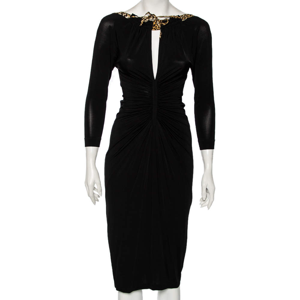 Pre Owned Just Cavalli Black Jersey Contrast Trim Detailed Ruched Dress M