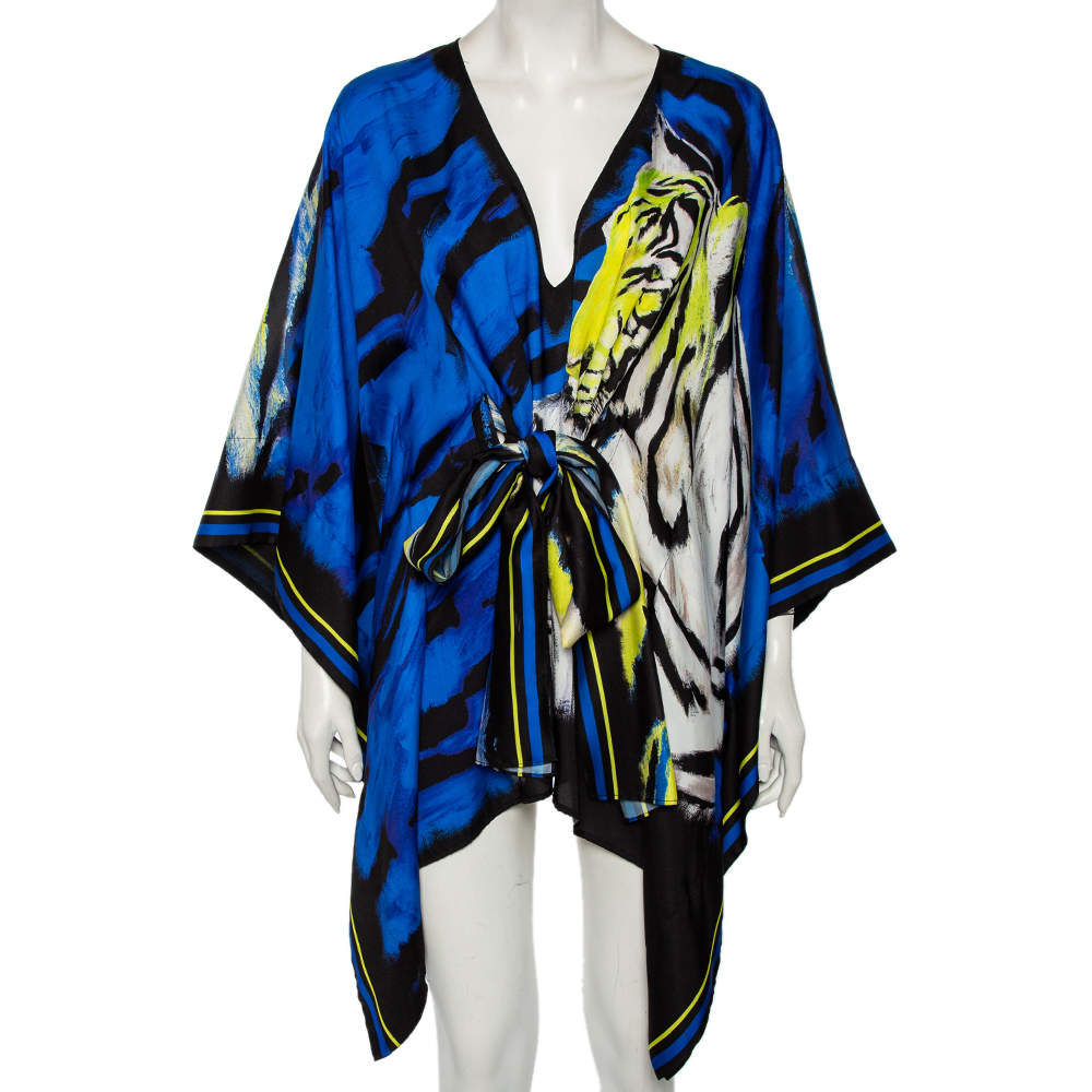 Pre Owned Just Cavalli Multicolored Printed Silk Belted Kaftan Top S