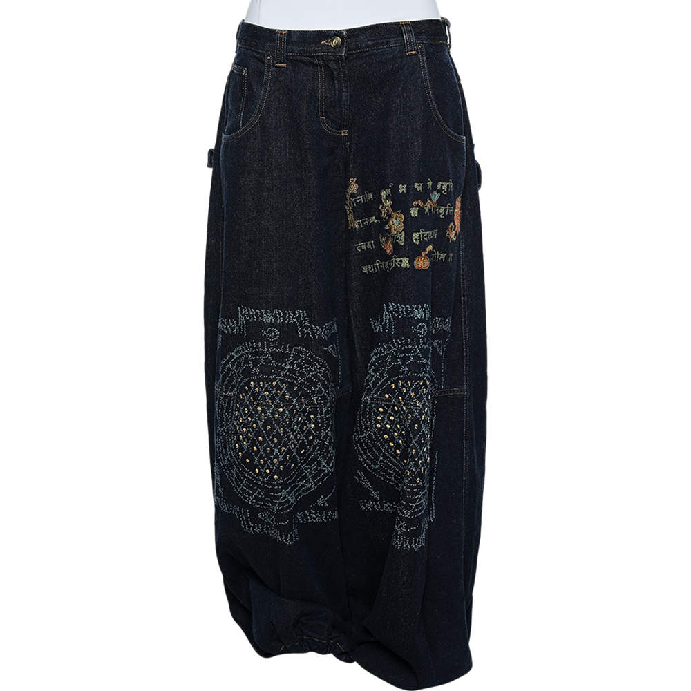 Just Cavalli Navy Blue Painted Denim Flared Leg Jeans L