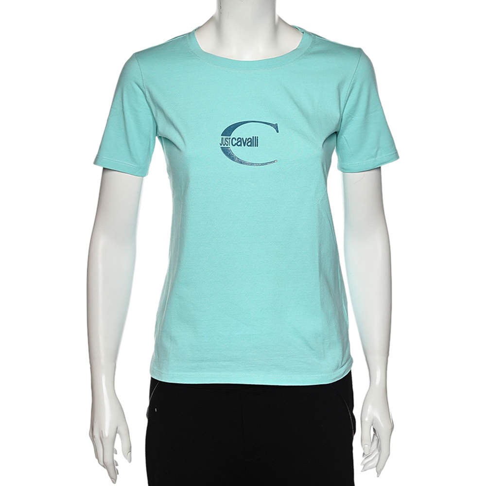 Pre Owned Just Cavalli Blue Logo Printed Cotton Short Sleeve T-Shirt S