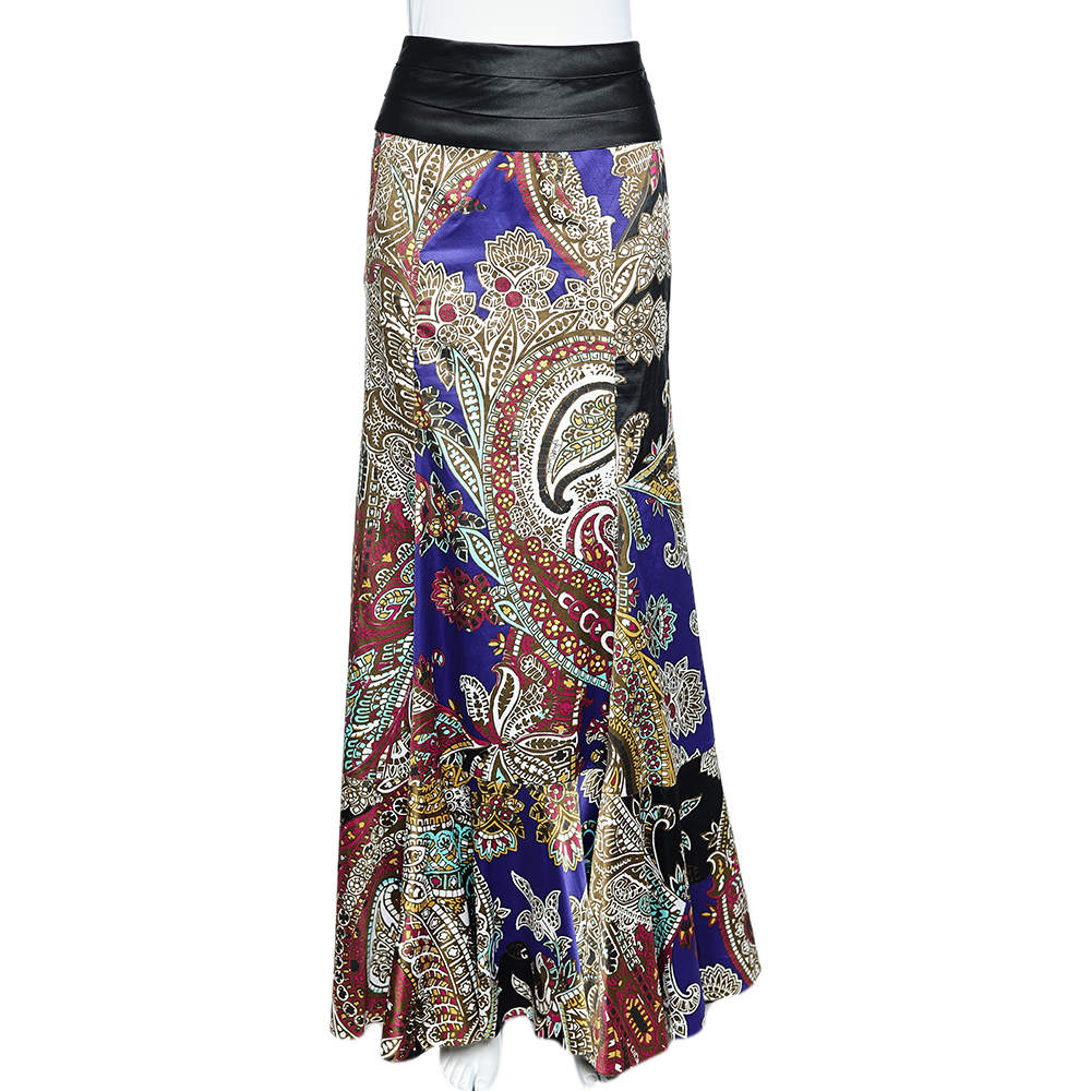 Just Cavalli Multicolor Printed Satin Ruffle Detail Maxi Skirt S