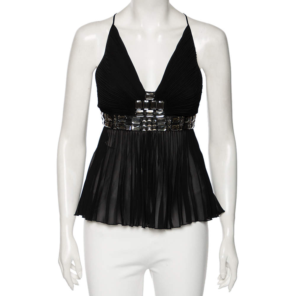 Just Cavalli Black Silk Embellished Waist Pleated Top S 