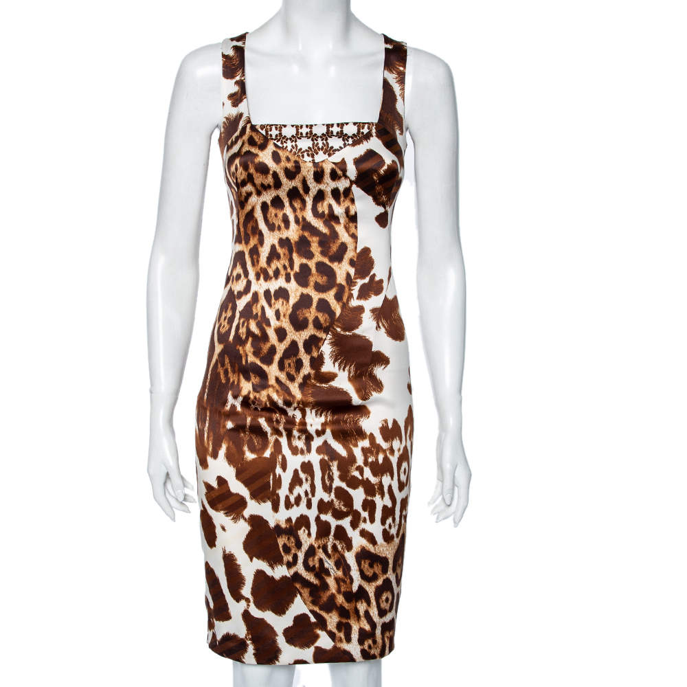 Pre Owned Just Cavalli Brown Animal Print Satin Sleeveless Dress S
