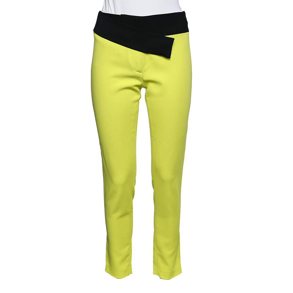 Pre Owned Just Cavalli Neon Yellow Crepe Contrast Waist Detail Tapered Leg Trousers S