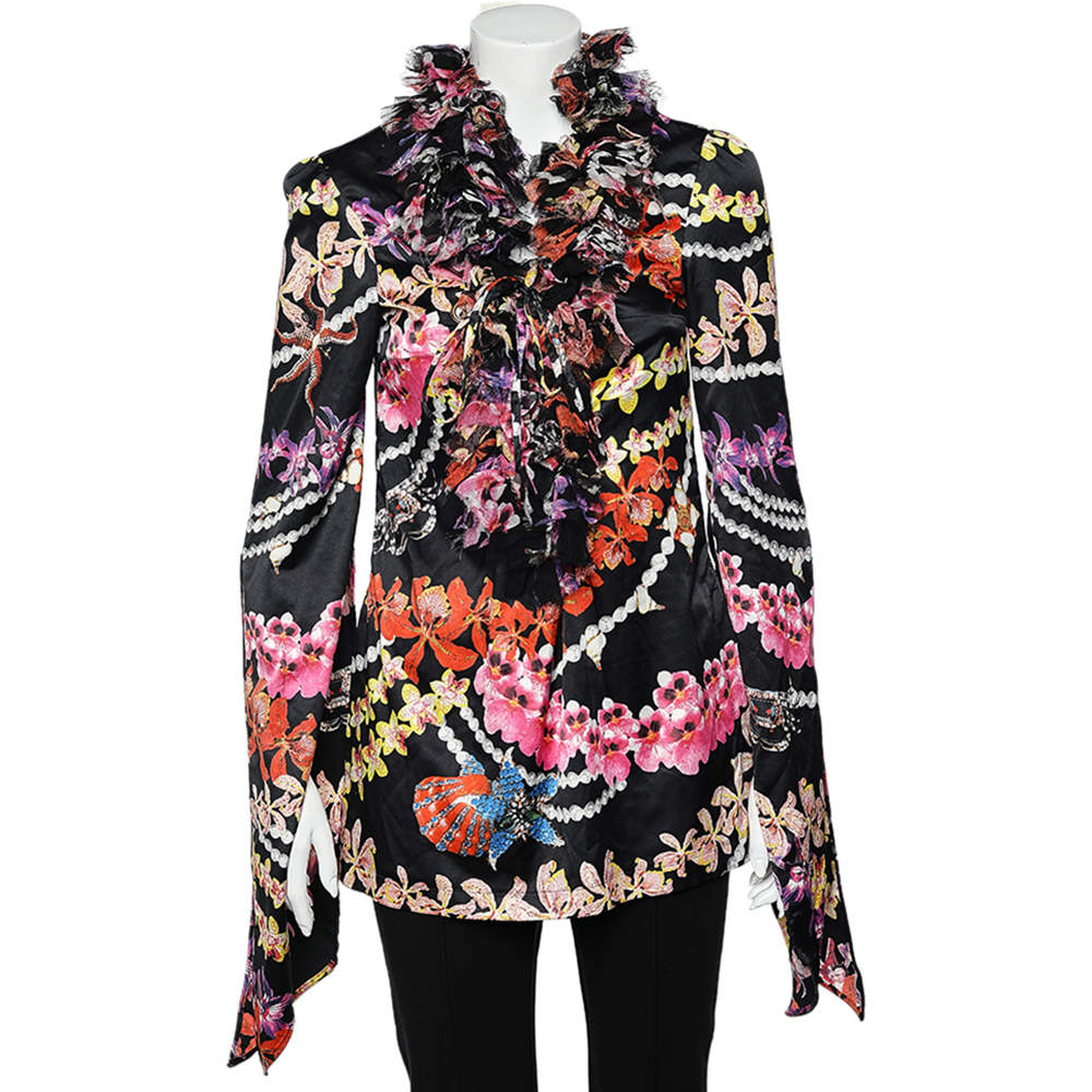 Pre Owned Just Cavalli Black Floral Printed Sateen Ruffled Neck Detail Top M
