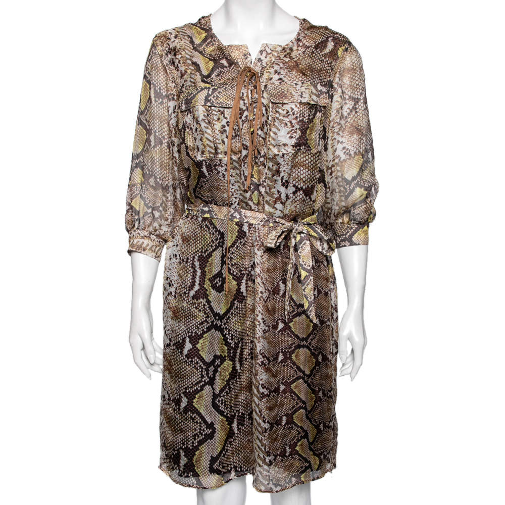 Pre Owned Just Cavalli Brown Animal Print Silk Knit Lace-Up Detail Belted Dress M