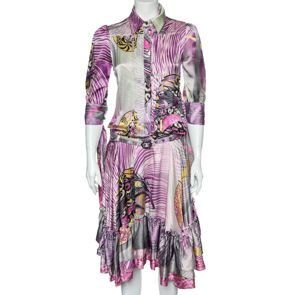 Pre Owned Just Cavalli Multicolor Printed Silk Belted Ruffled Hem Dress S