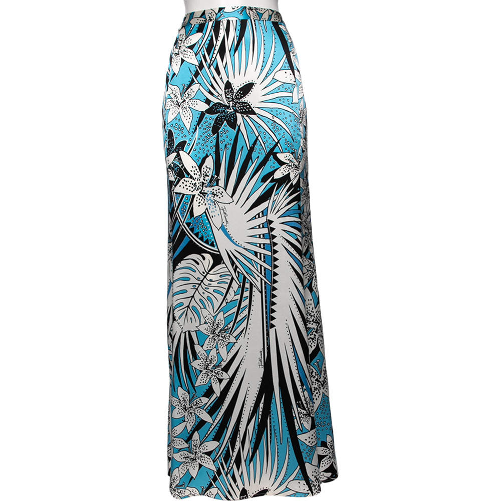 Pre Owned Just Cavalli White Lilly Printed Silk Maxi Skirt M