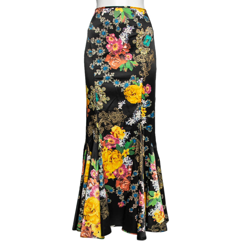 Pre Owned Just Cavalli Multicolored Floral Printed Satin Mermaid Maxi Skirt L