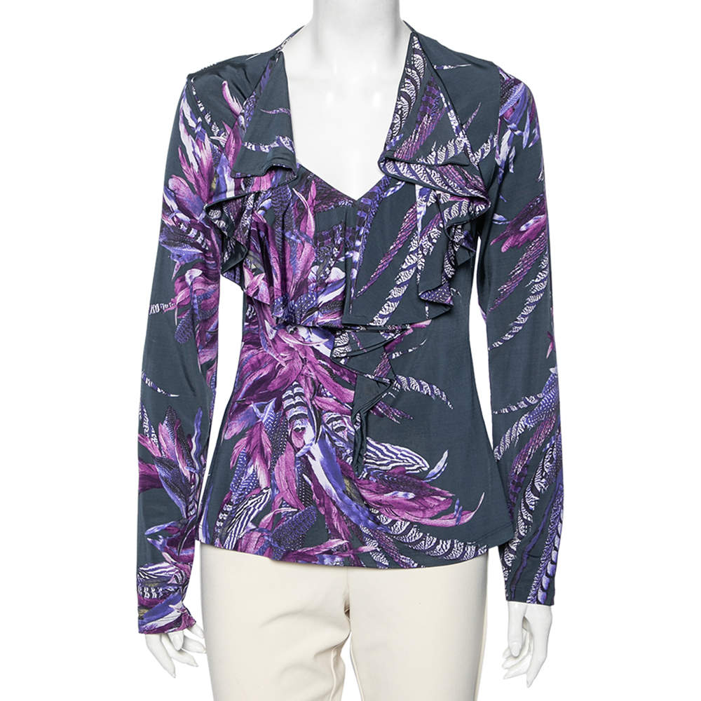 Pre Owned Just Cavalli Multicolor Floral Printed Jersey Ruffle Detail Neck Long Sleeve Top L
