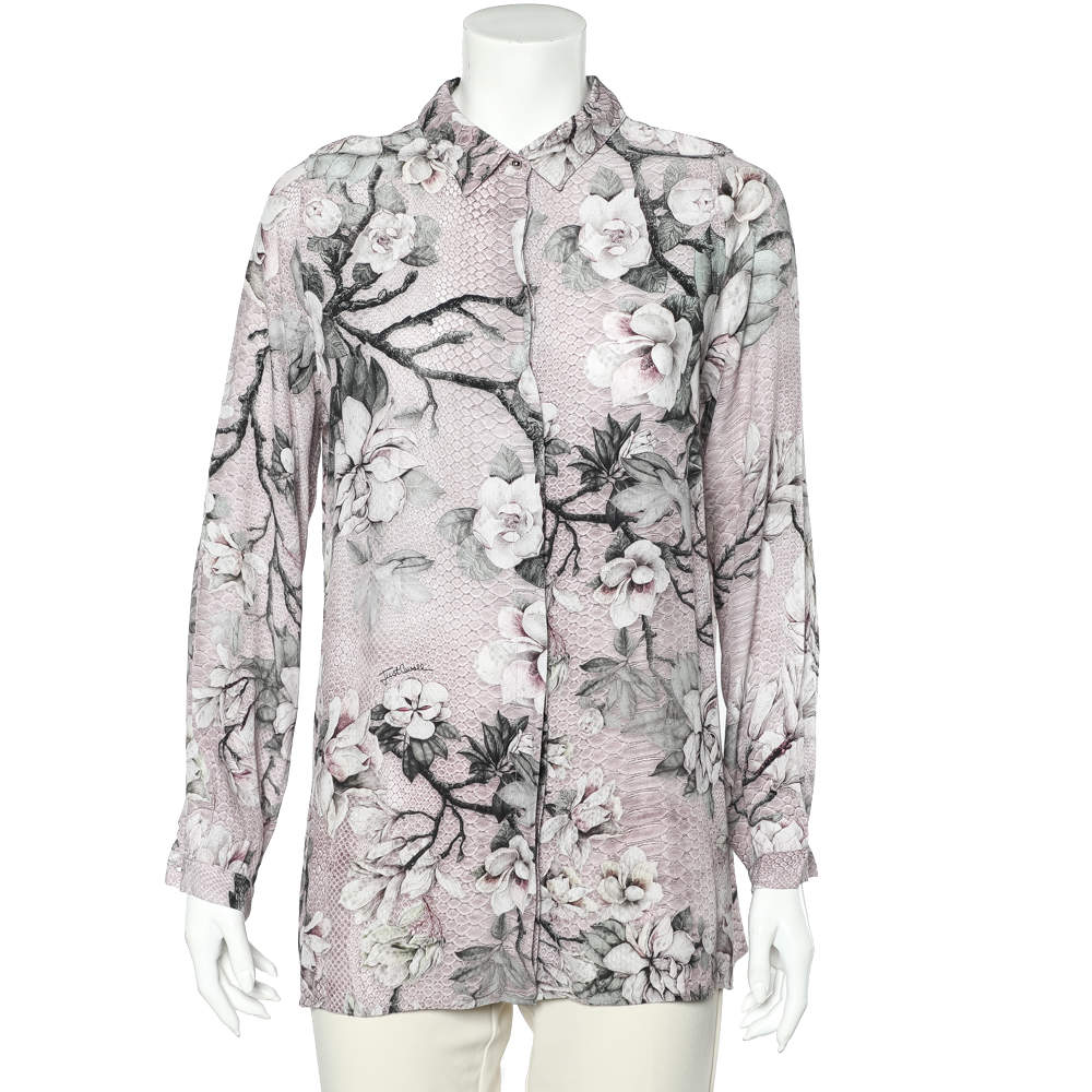 Pre Owned Just Cavalli Pink Floral Printed Georgette Shirt L