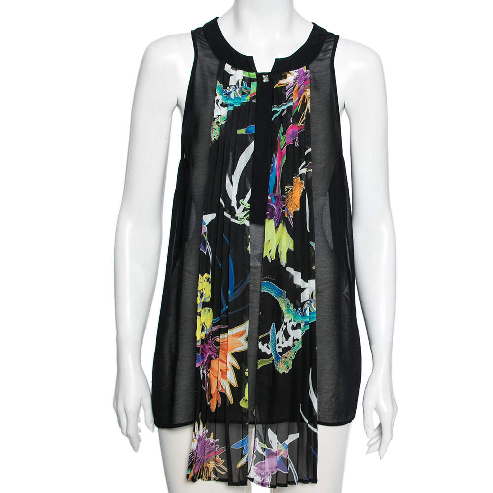 Just Cavalli Black Crepe Pleated Front Tie Detail Sleeveless Top M
