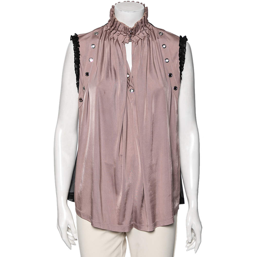 Pre Owned Just Cavalli Pink Jersey Eyelet Embellished Ruffle Trim Sleeves Top S