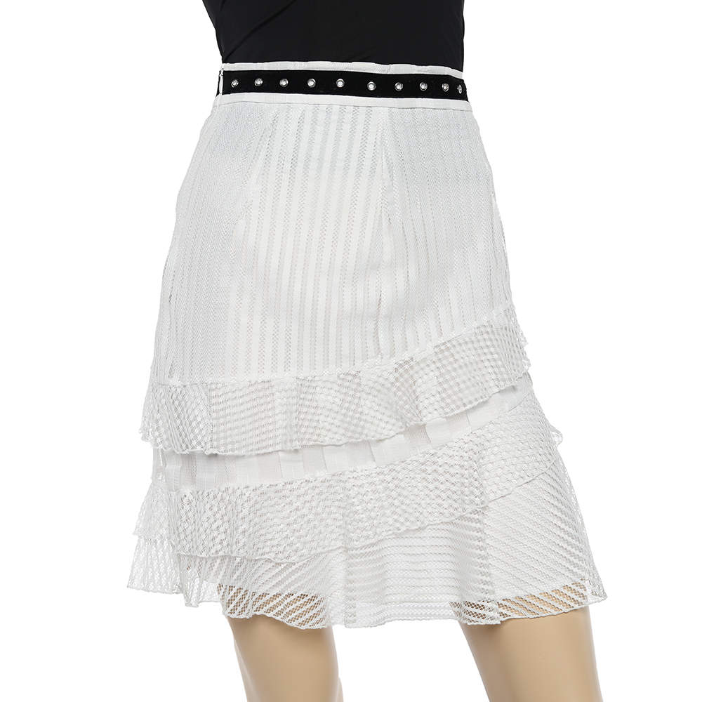 Pre Owned Just Cavalli White Lace Overlay Ruffle Tiered Skirt S