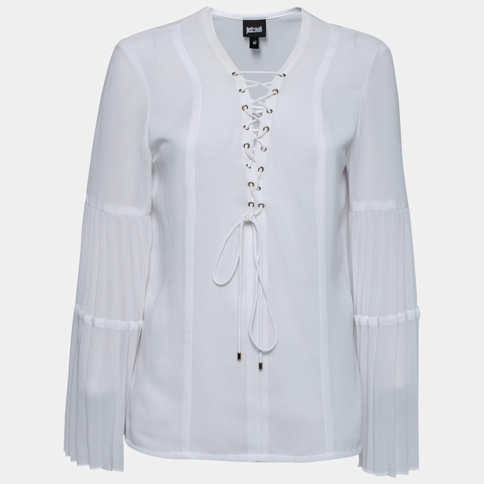Pre Owned Just Cavalli White Crepe Lace-Up Detail Flute Sleeve Blouse M