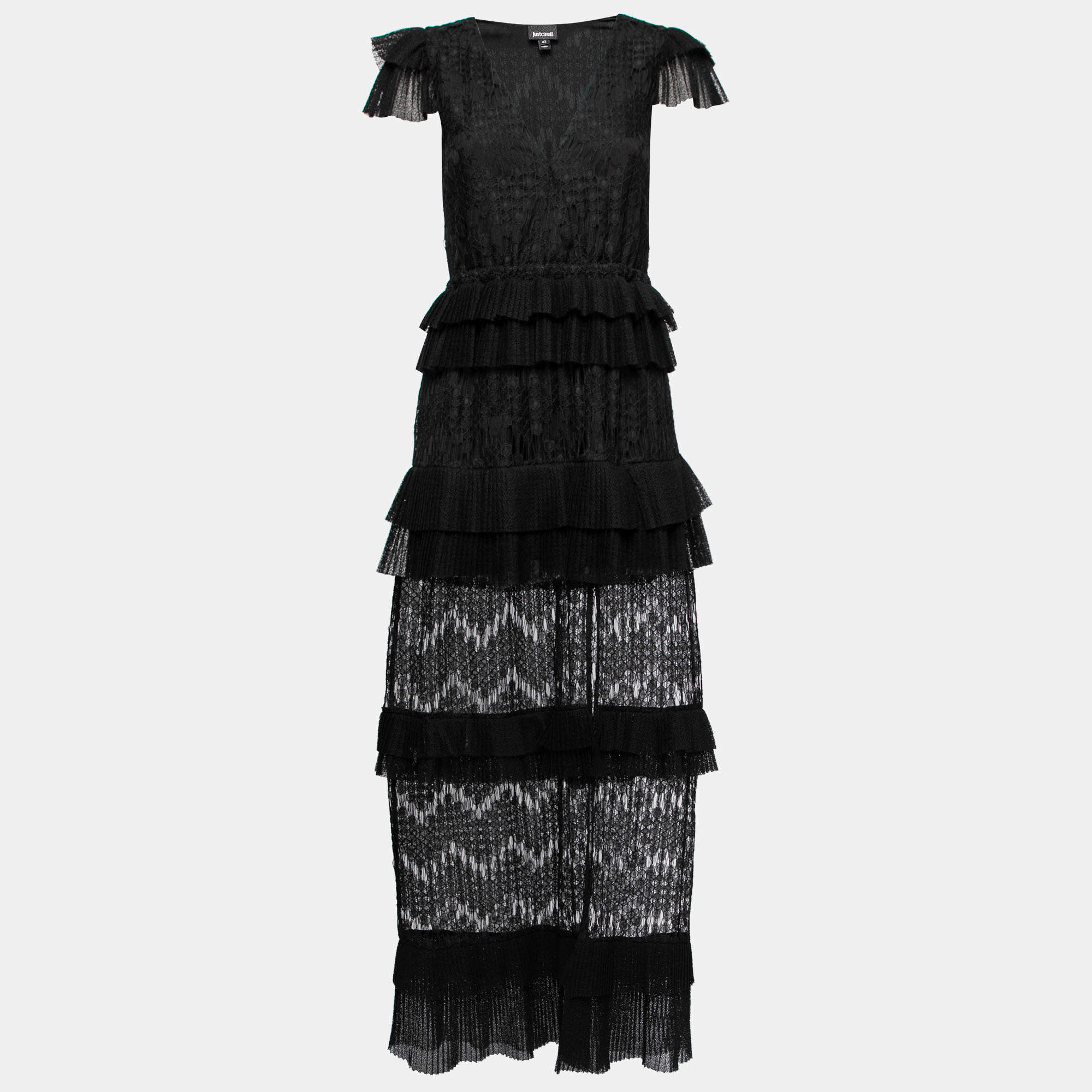 Pre Owned Just Cavalli Black Lace Ruffle Trimmed Tiered Maxi Dress M