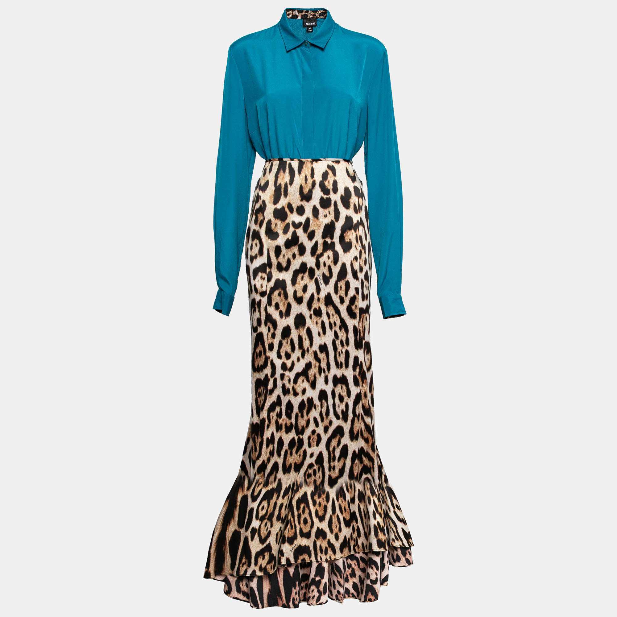 Pre Owned Just Cavalli Blue & Animal Printed Crepe Shirt & Maxi Skirt Set L