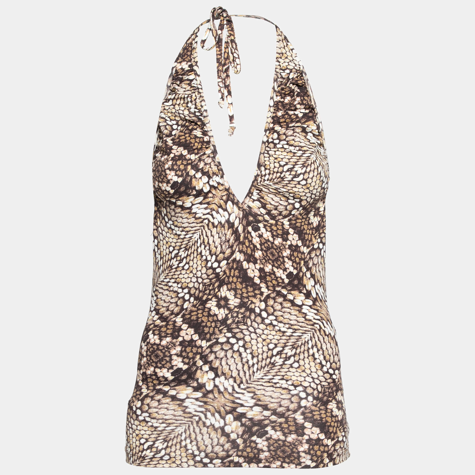 Pre Owned Just Cavalli Brown Snake Printed Jersey Halter Neck Top S