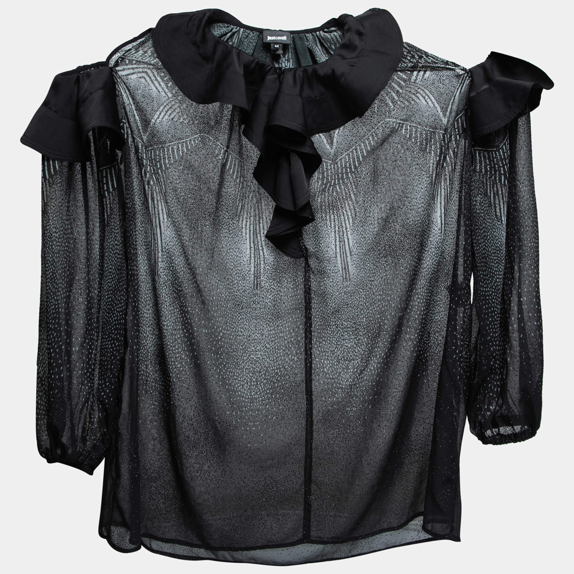 Just Cavalli Black Printed Chiffon Ruffle Trimmed Cold Shoulder Blouse M