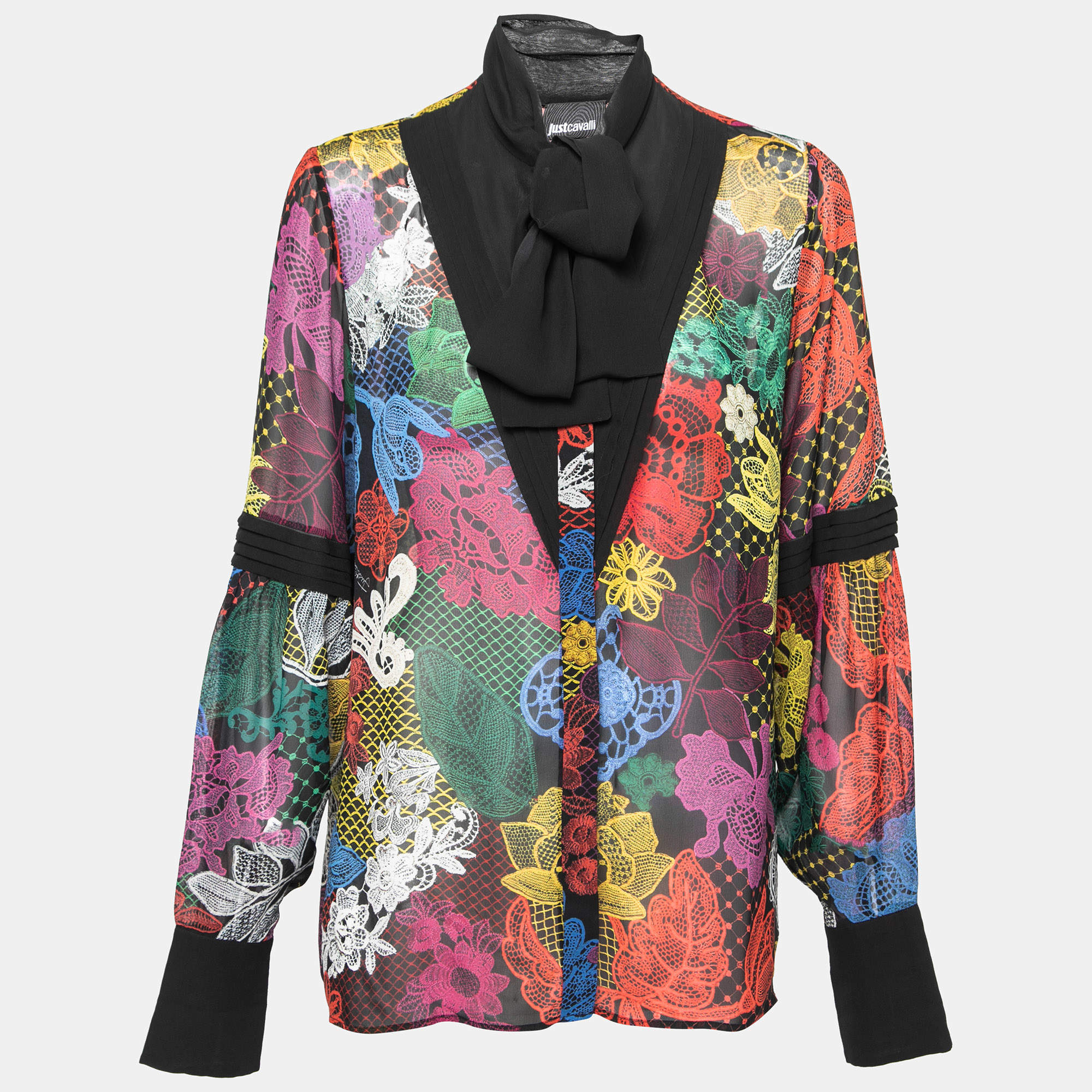 Pre Owned بلوزة جست كافالي حرير مطبوع متعدد الألوان برباط عنق وأزرار أمامية مقاس متوسط - ميديوم 