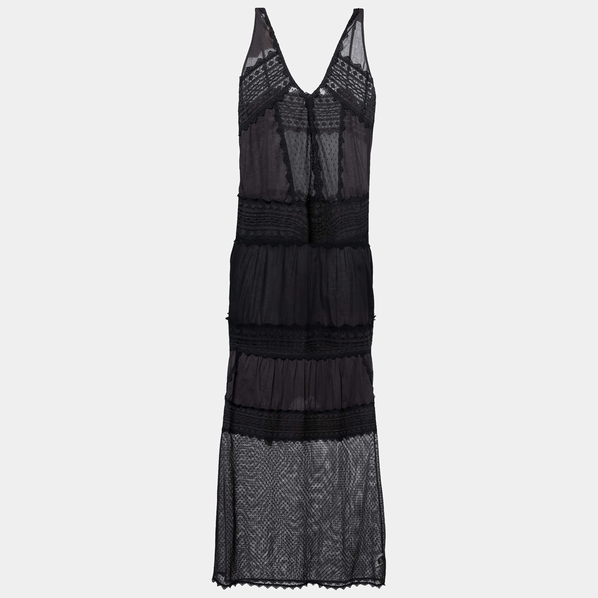 Pre Owned Just Cavalli Black Cotton Lace Detail Maxi Dress L