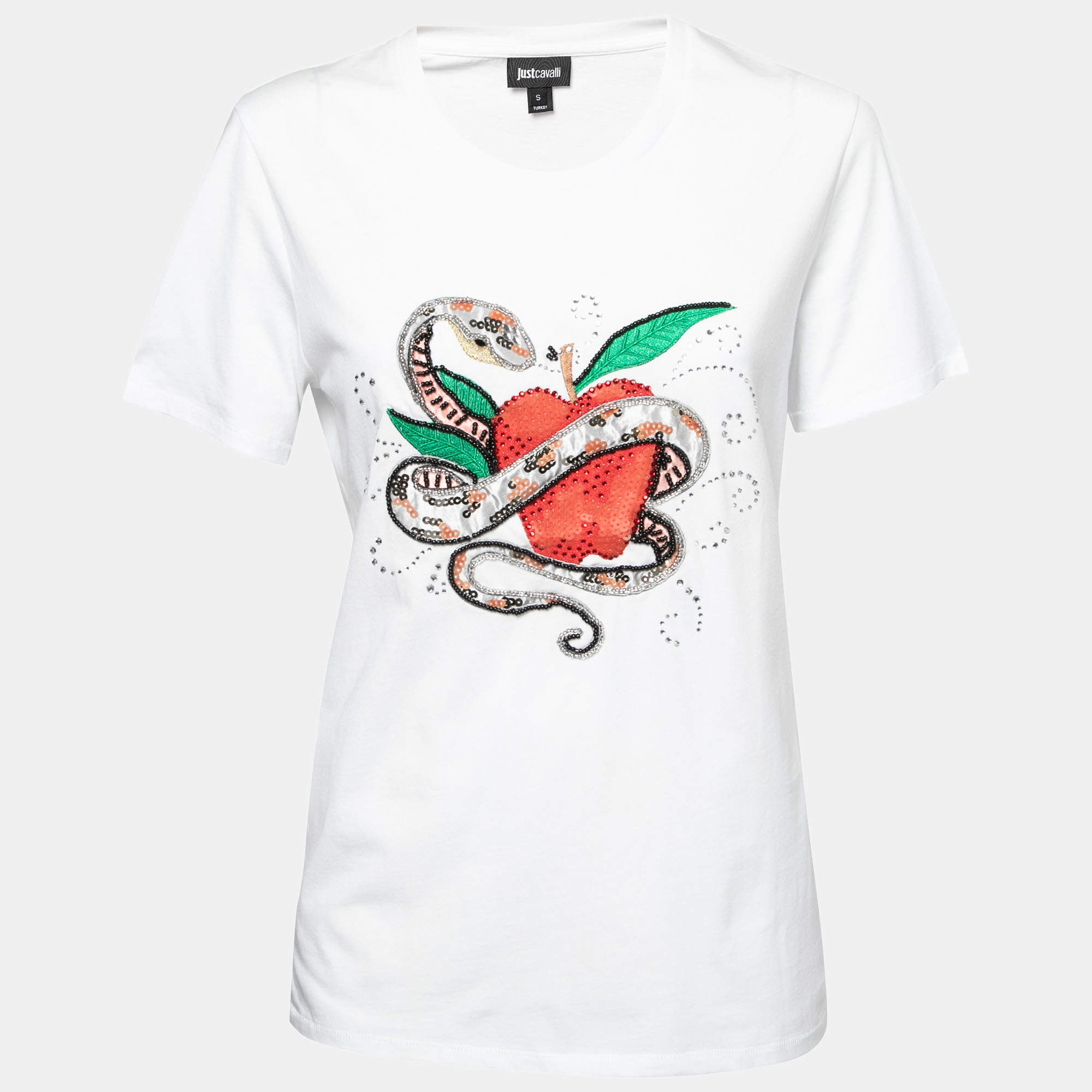 Pre Owned Just Cavalli White Cotton Crystal Embellished Crew Neck T-Shirt S