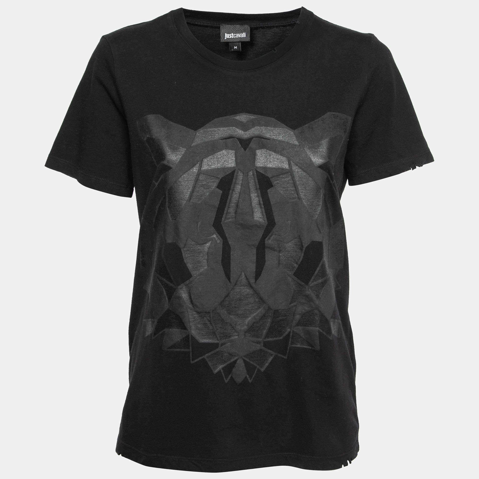 Pre Owned Just Cavalli Black Cotton Printed Crew Neck T-Shirt M