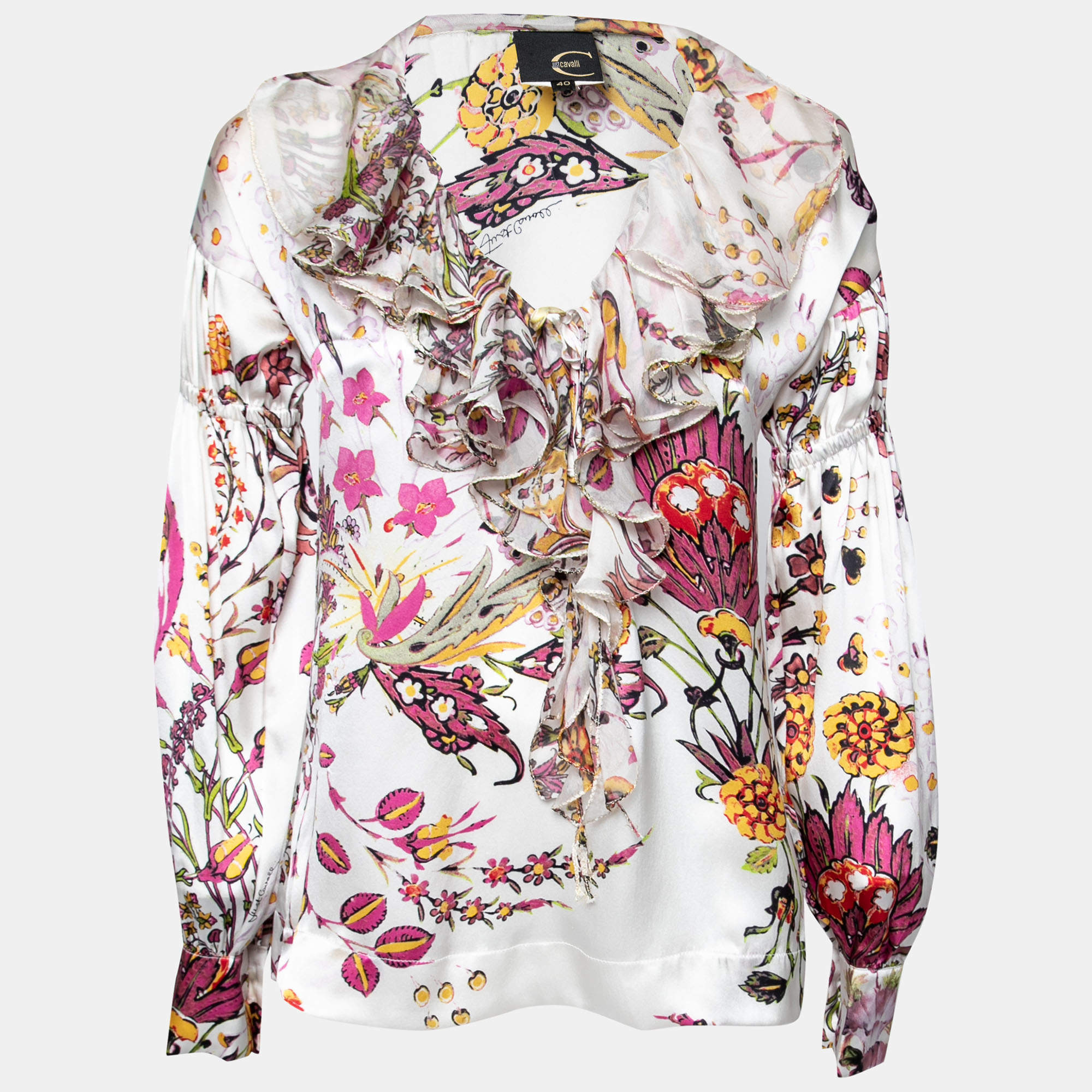 Pre Owned Just Cavalli White Floral Print Silk Ruffled Neck Blouse S