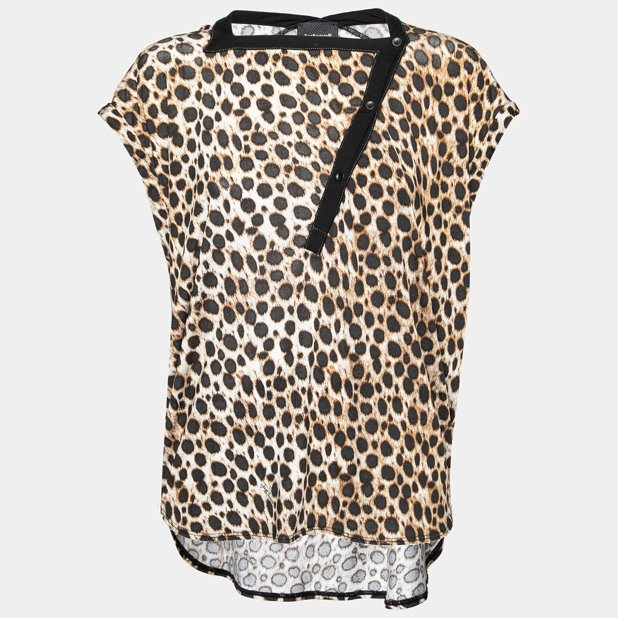 Pre Owned Just Cavalli Brown Leopard Printed Jersey Asymmetric Button Front Top XS