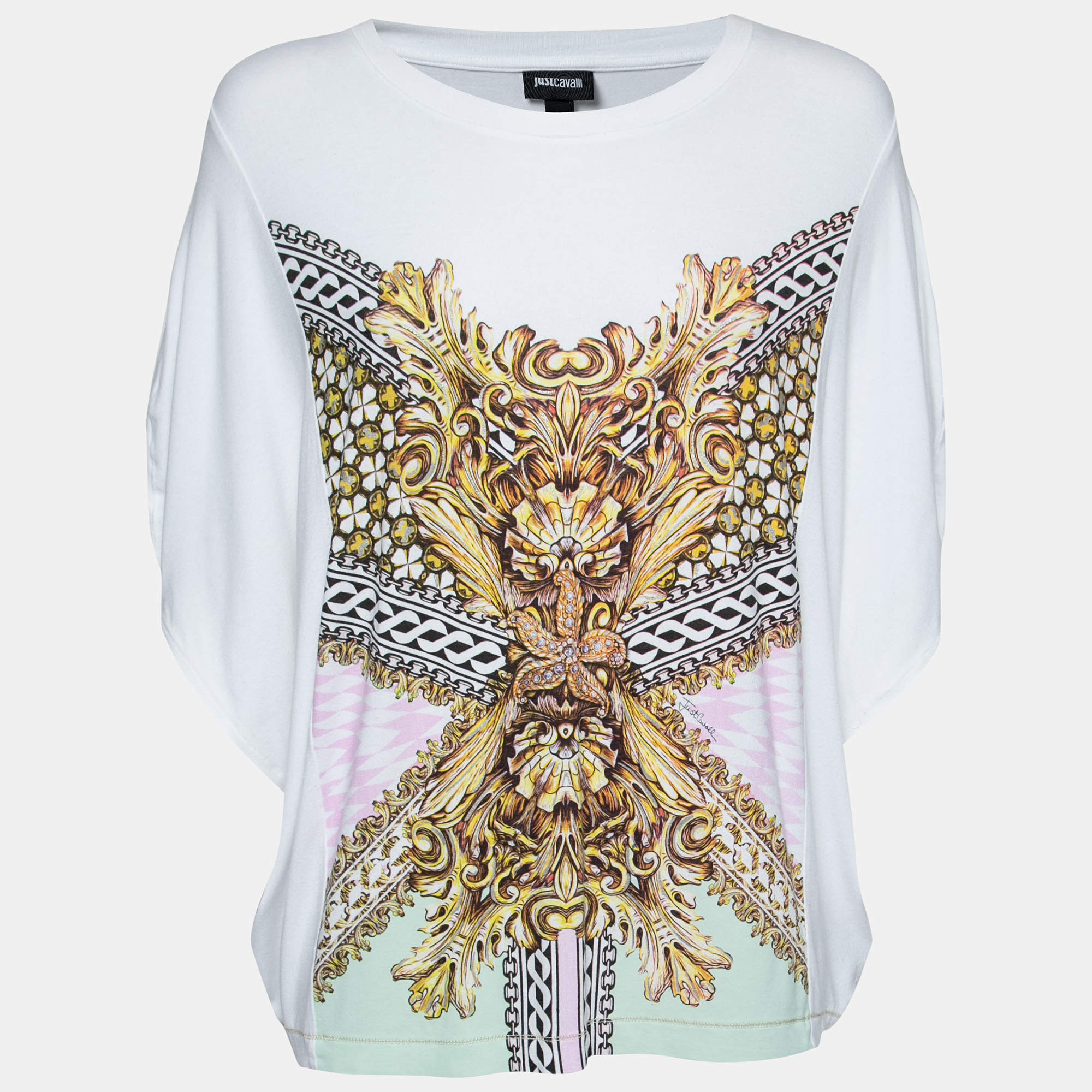 مملوكة مسبقًا Just Cavalli White Printed Jersey Draped Top XS